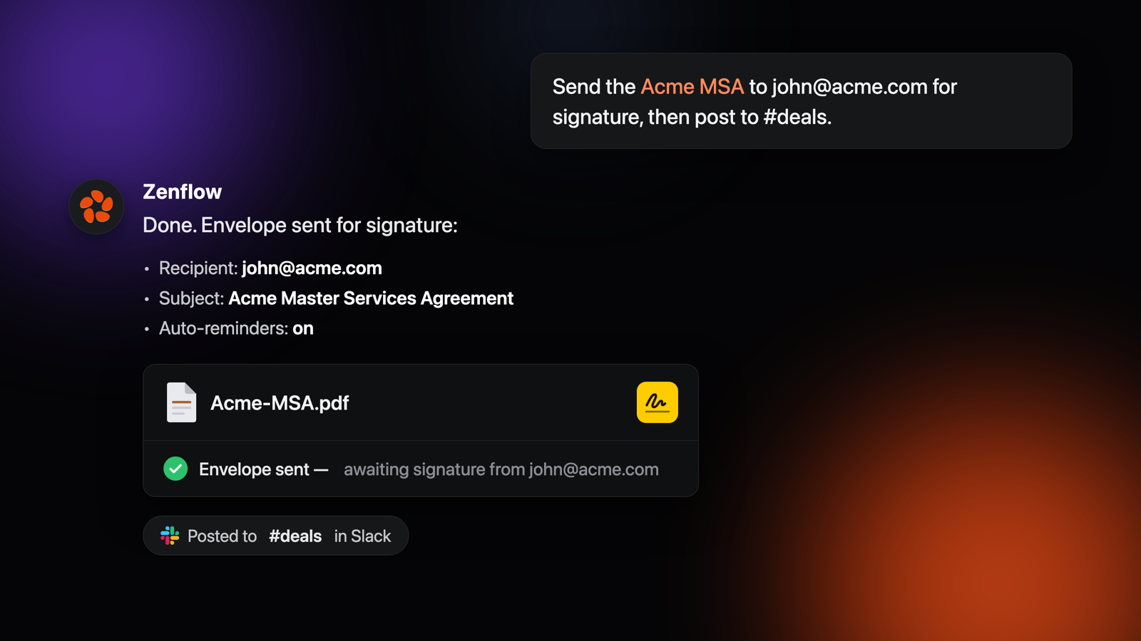Zenflow sending a Docusign envelope for signature from a plain-English prompt