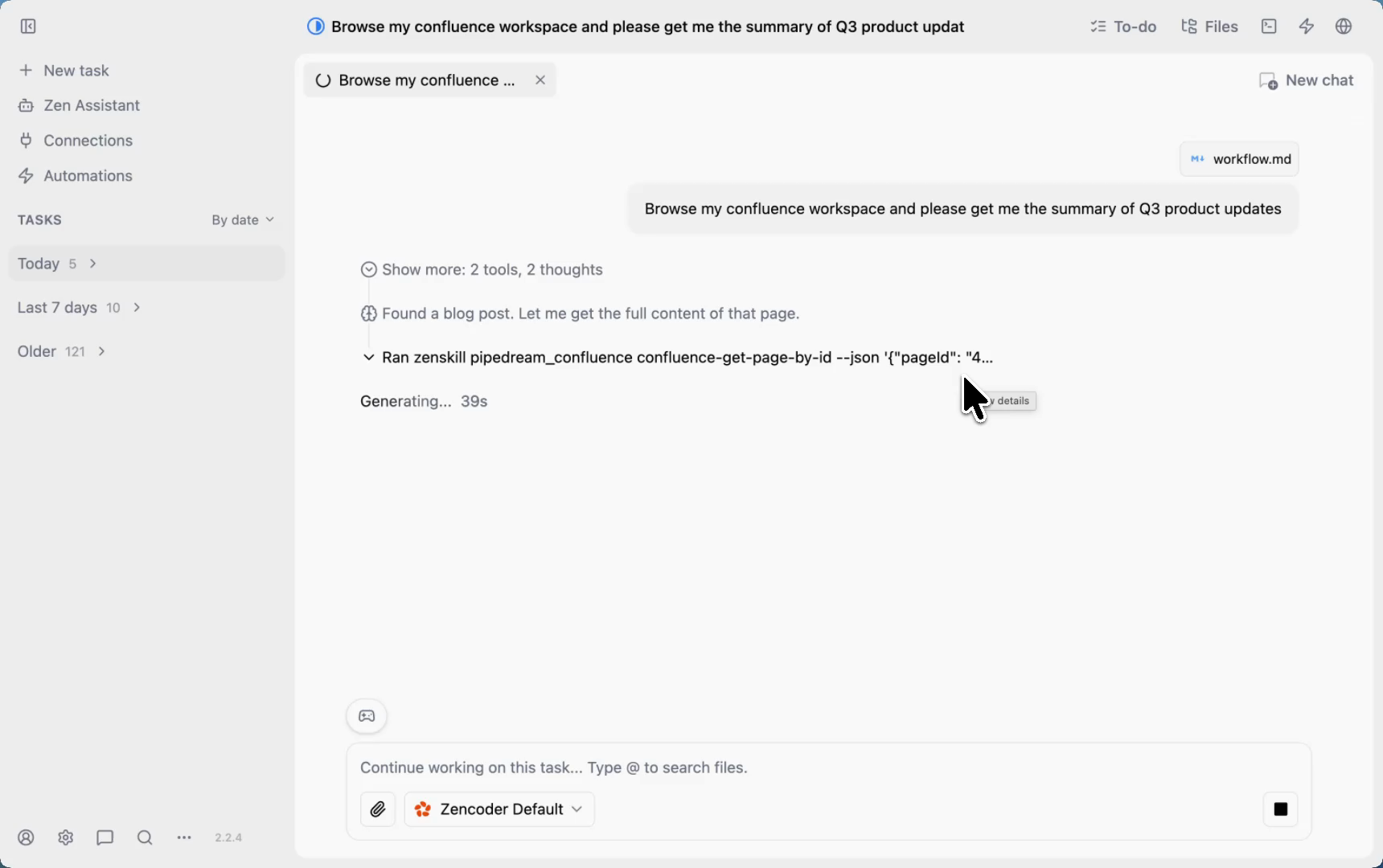 Zenflow agent fetching full Confluence page content by ID — showing multi-step reasoning to retrieve complete page body