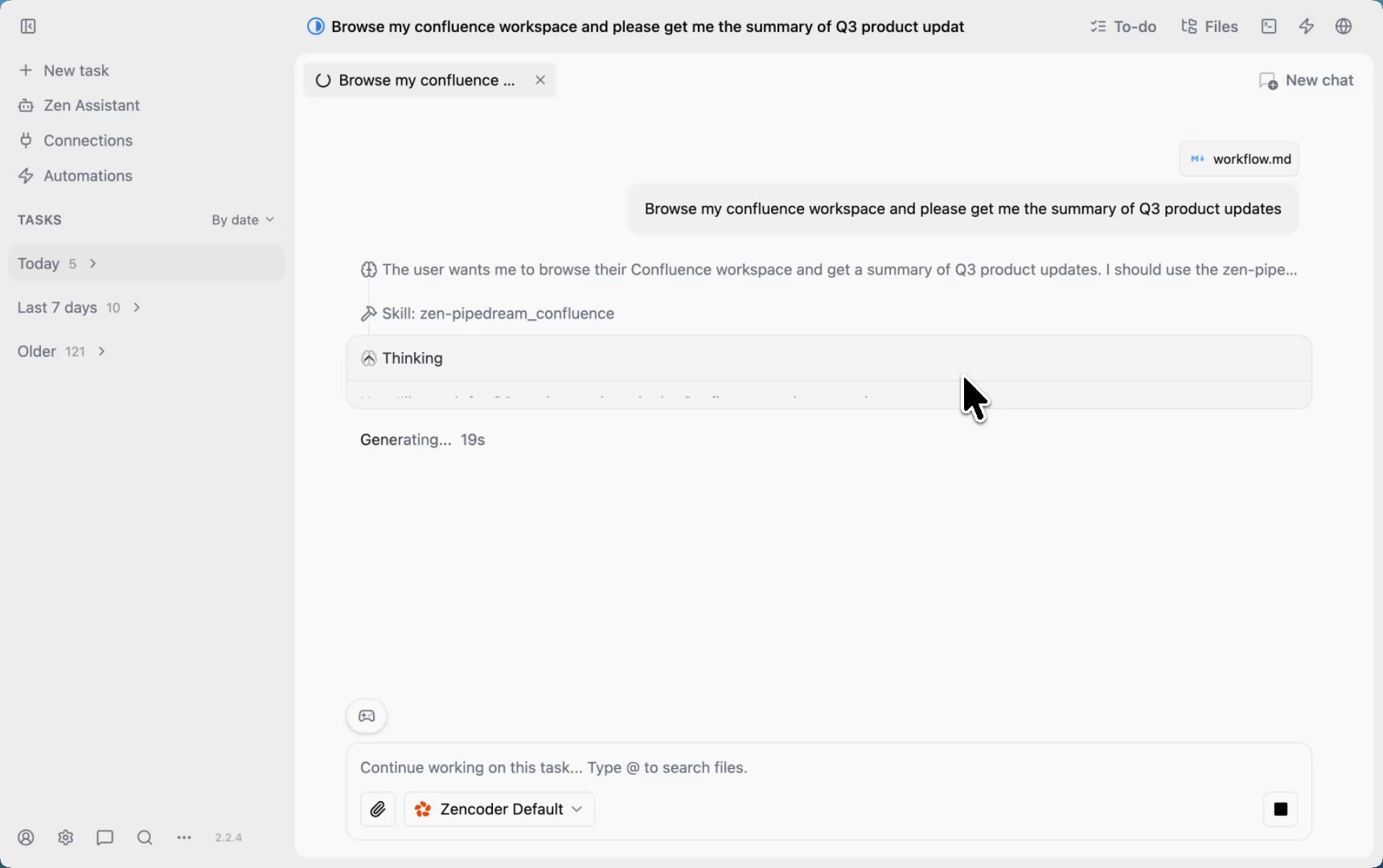 Zenflow agent actively running a Confluence workspace query — thinking through the approach and calling the Confluence integration skill