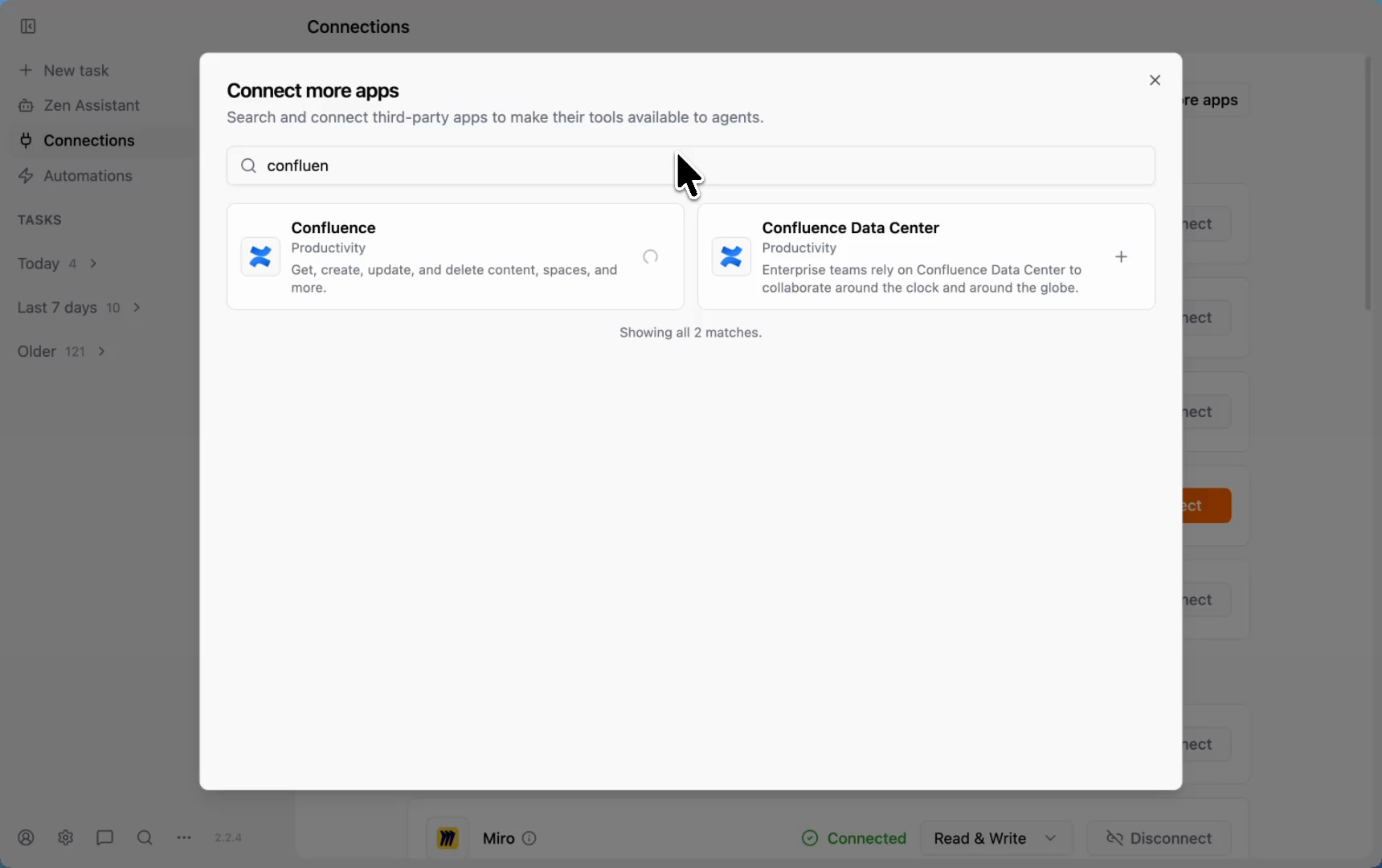 Zenflow Connections panel showing both Confluence Cloud and Confluence Data Center options in the integration search