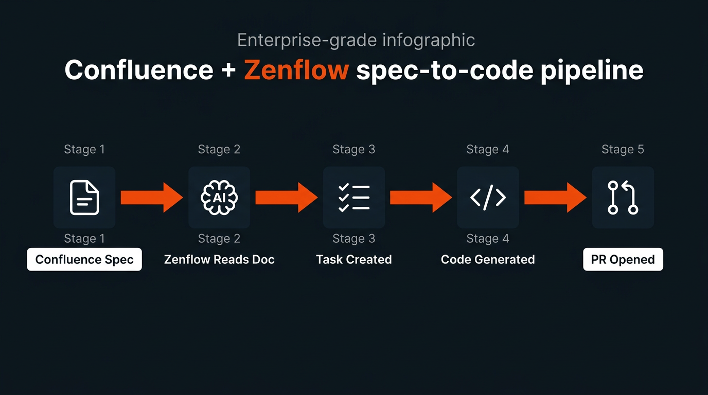 Zenflow Confluence integration flow — 5-stage spec-to-code pipeline from Confluence doc to merged PR