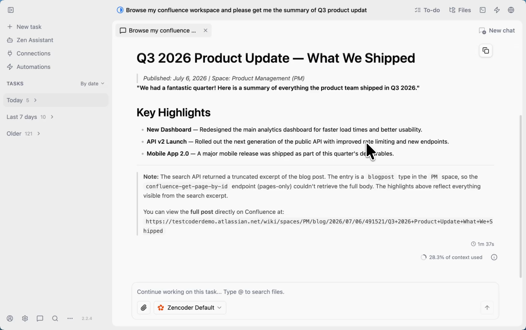 Zenflow Confluence query result — Q3 2026 Product Update summary showing New Dashboard, API v2 Launch, and Mobile App 2.0 highlights from the PM space