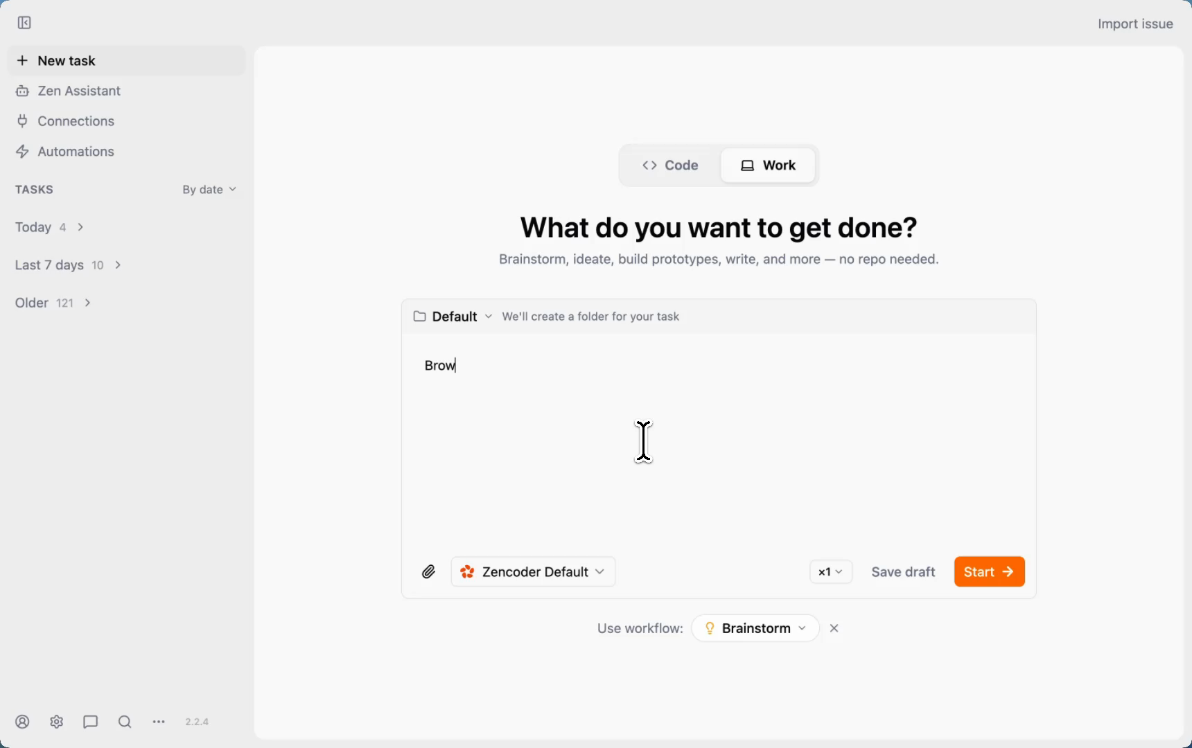 Zenflow Work mode task creation — prompt typed to browse Confluence workspace for Q3 product updates using Brainstorm workflow