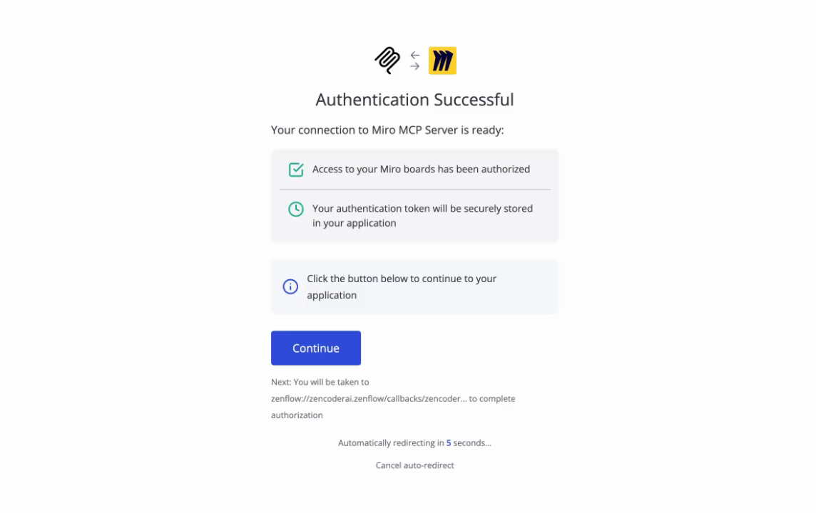 Miro Authentication Successful screen confirming Zenflow Miro connection is live and token securely stored