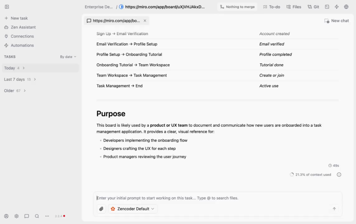 Zenflow AI agent returning structured analysis of a Miro user onboarding flow diagram