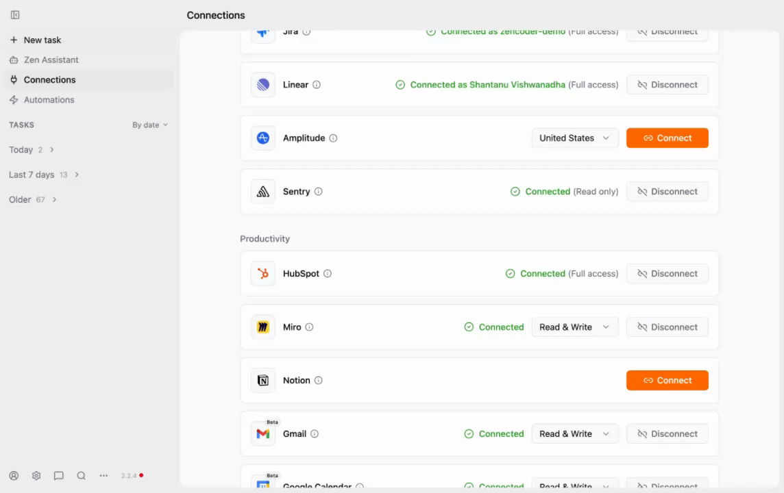 Zenflow Connections panel showing Miro listed as Connected alongside Jira, Linear, HubSpot, and Gmail