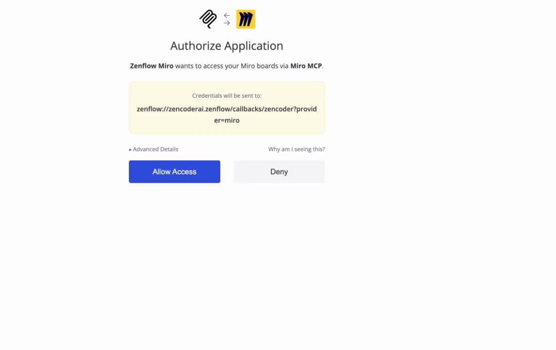 Miro OAuth authorization page asking to allow Zenflow access to Miro boards via Miro MCP protocol