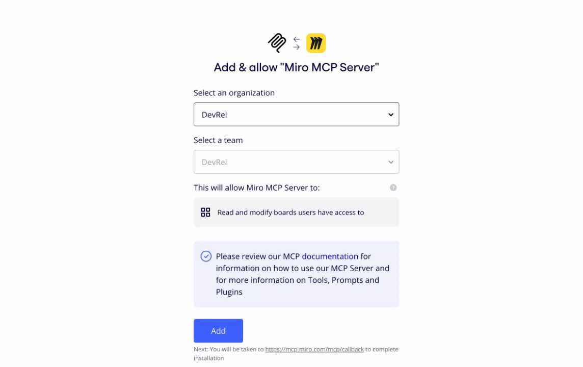 Miro MCP Server org and team selection screen in Zenflow