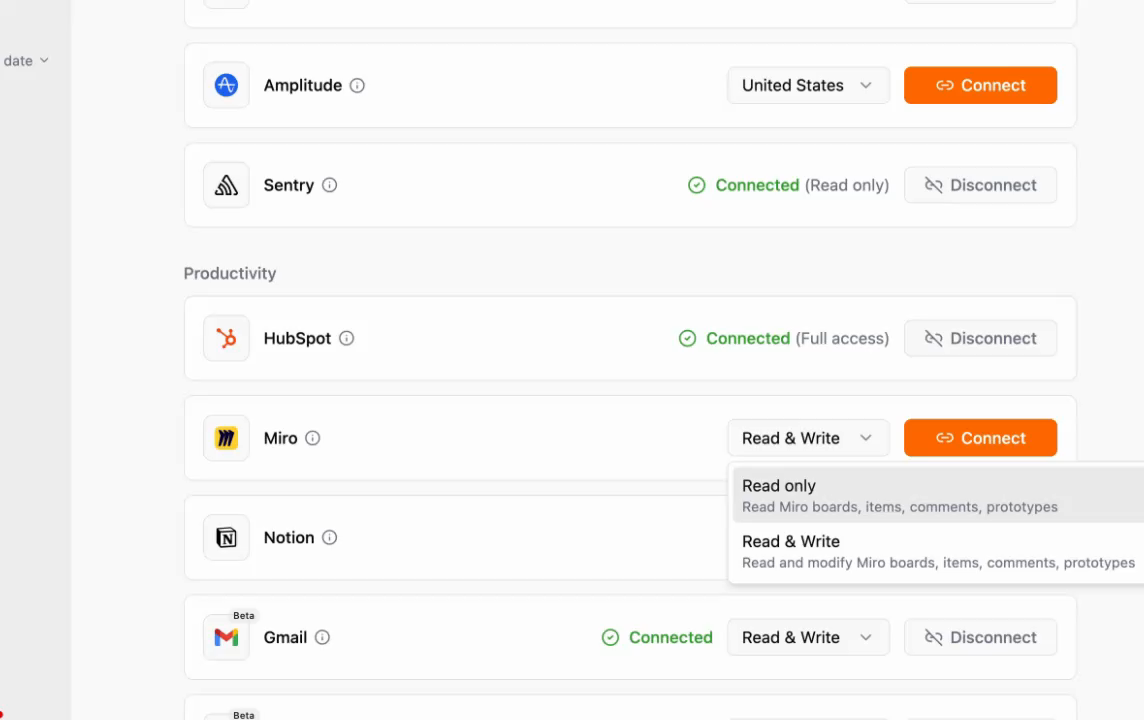 Zenflow Connections panel showing Miro permission scope dropdown with Read only and Read and Write options