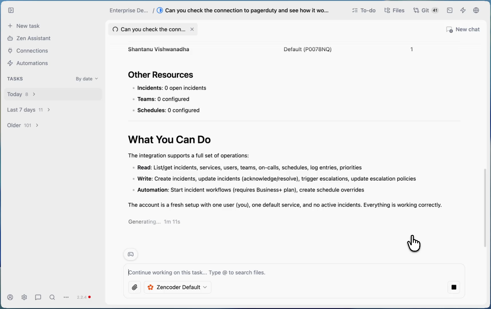 Zenflow PagerDuty integration result showing escalation policy, on-call user, and full capability summary