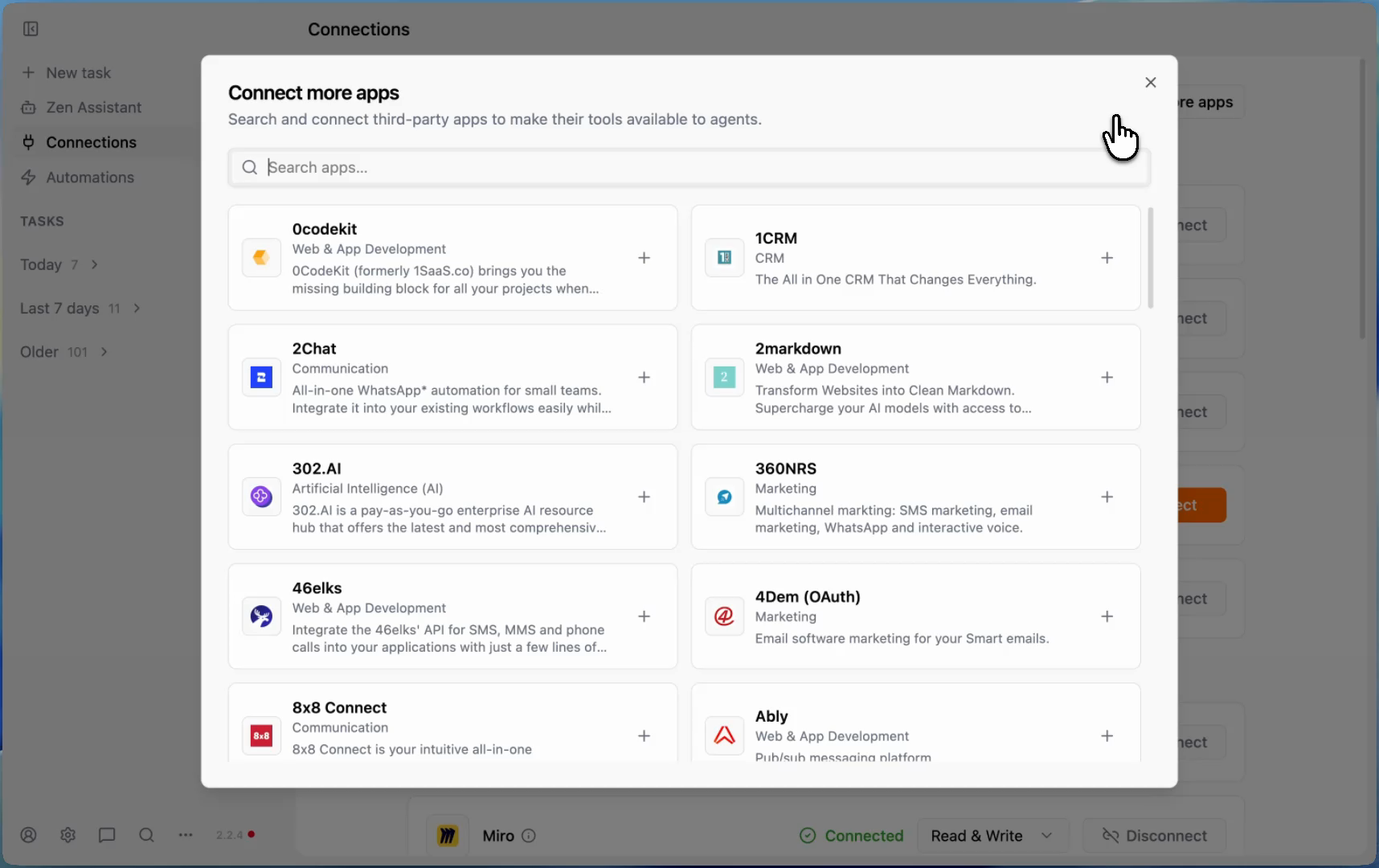 Zenflow Connections modal showing 'Connect more apps' — browsing available integrations including PagerDuty