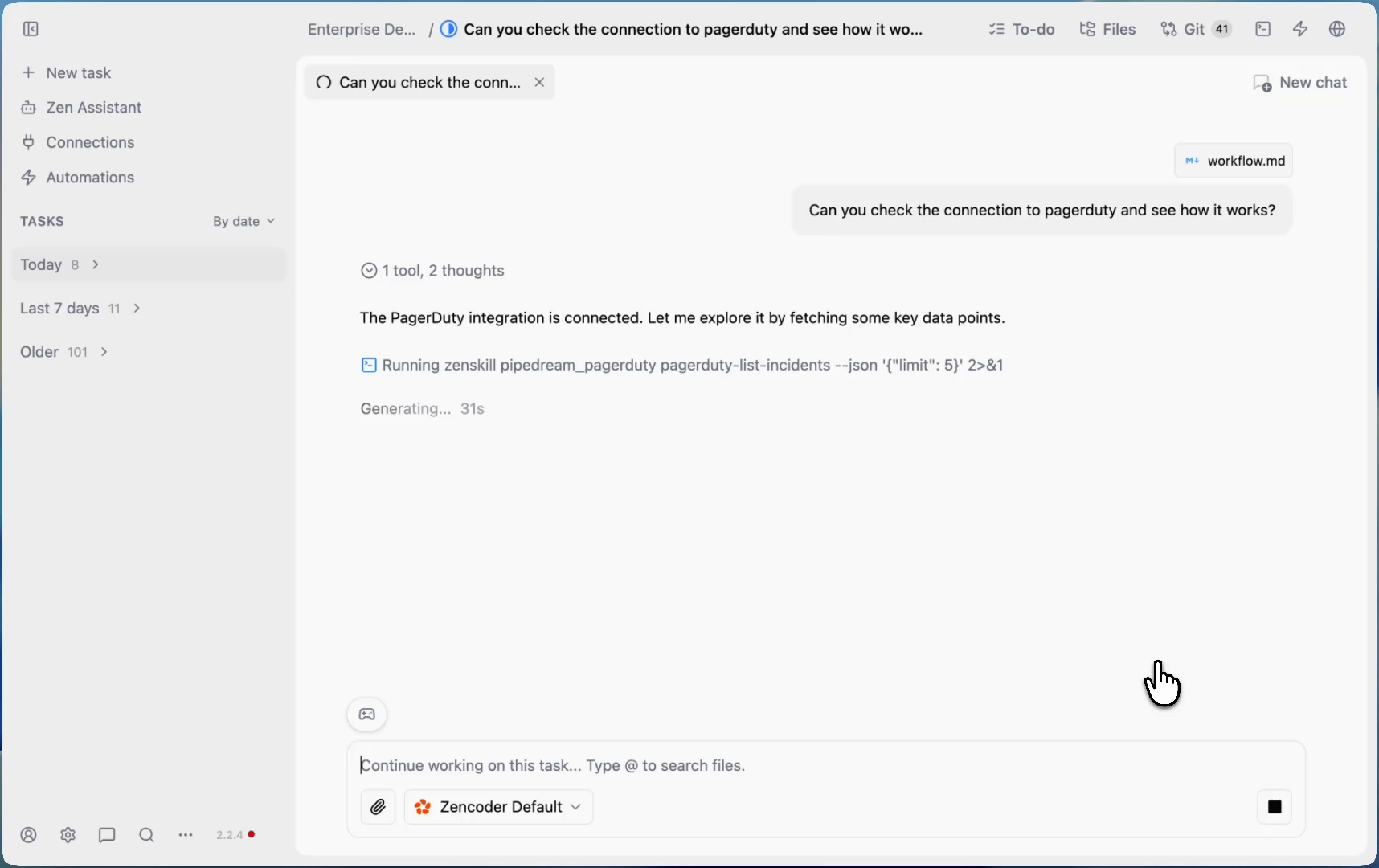 Zenflow agent confirming PagerDuty integration is connected and fetching incident data