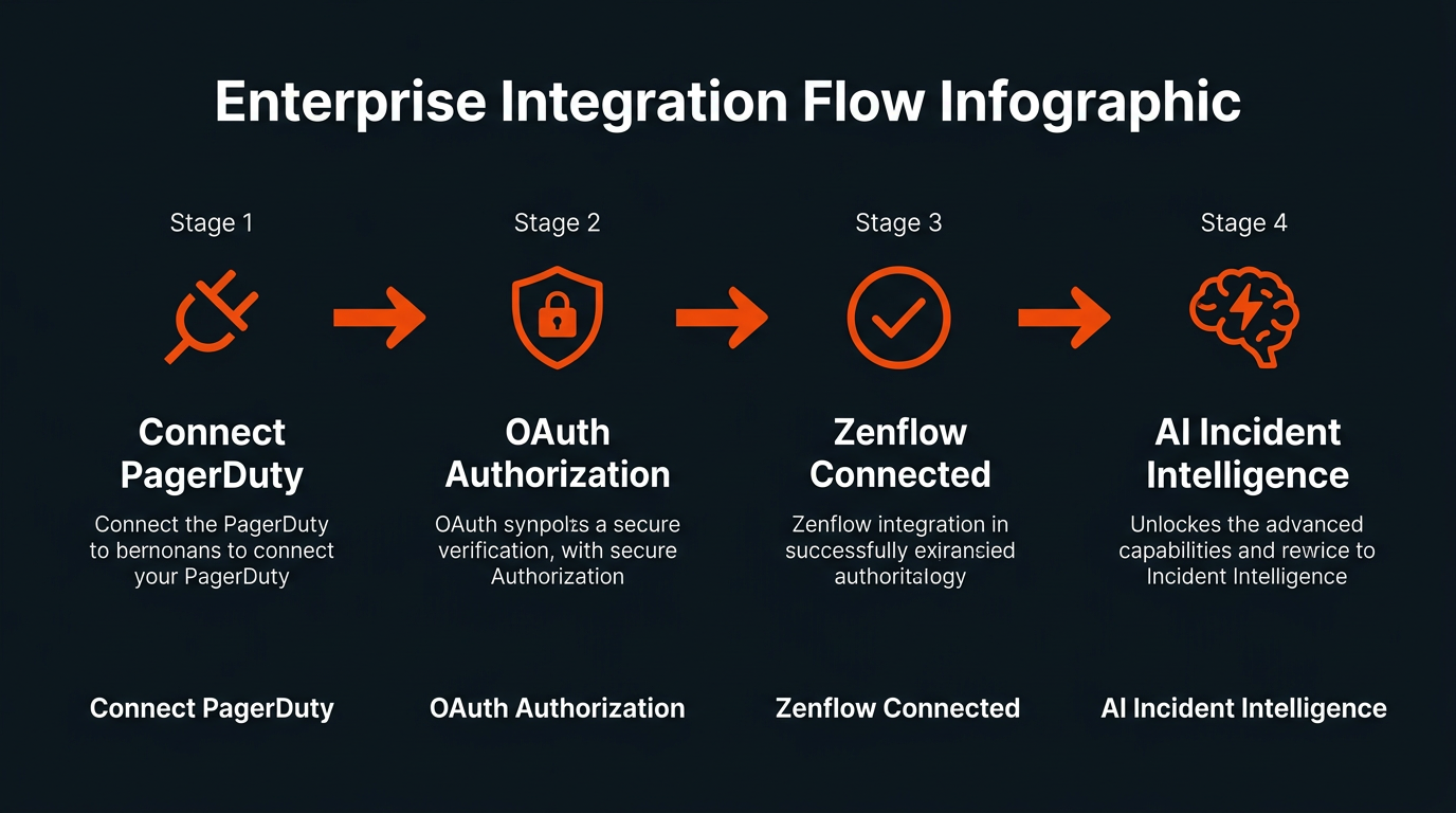 Zenflow PagerDuty integration flow diagram — 4-stage setup: Connect, Authorize, Confirm, Query