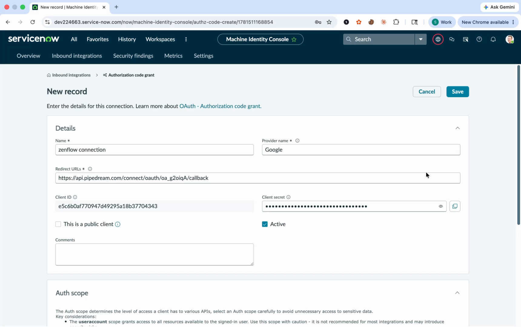 ServiceNow Application Registry new record form — creating a zenflow connection OAuth client with Pipedream callback redirect URL