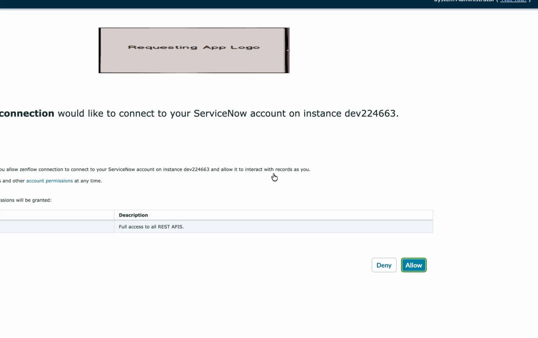 ServiceNow OAuth consent page — zenflow connection requesting Full access to all REST APIs on the ServiceNow instance