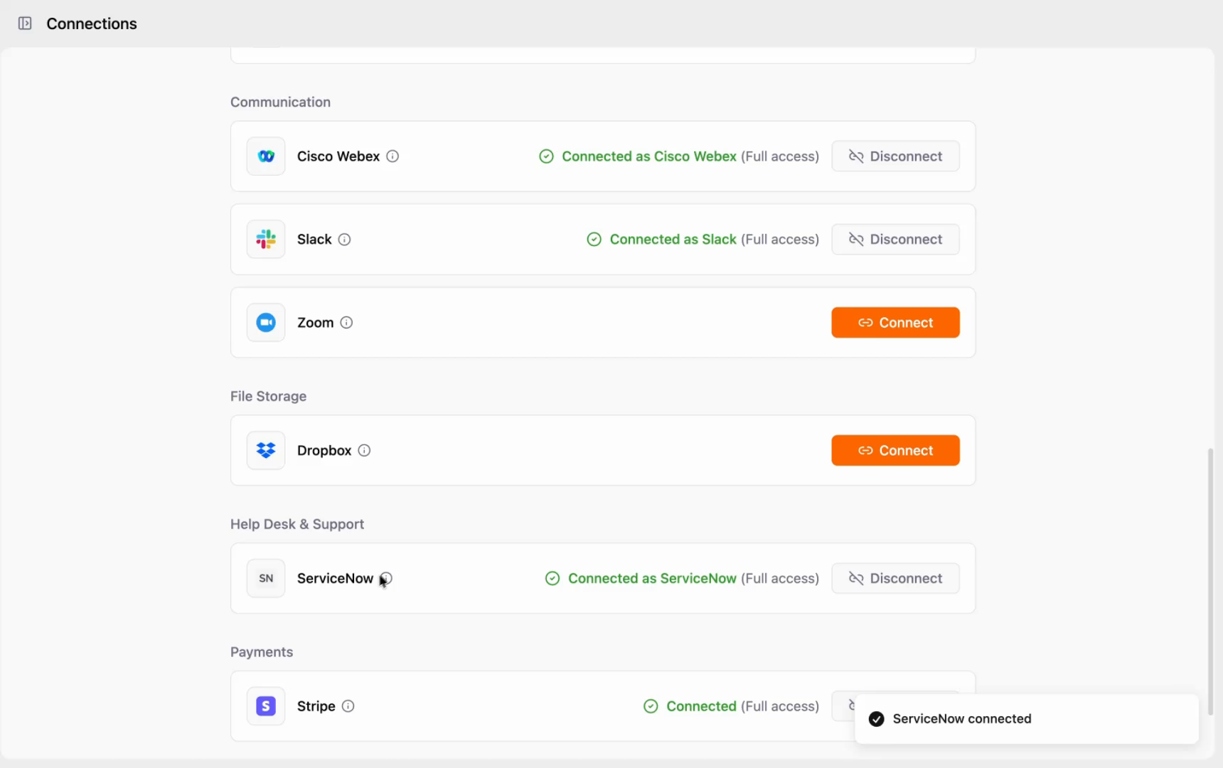 Zenflow Connections panel confirming ServiceNow is connected — shows Connected as ServiceNow Full access with success toast notification