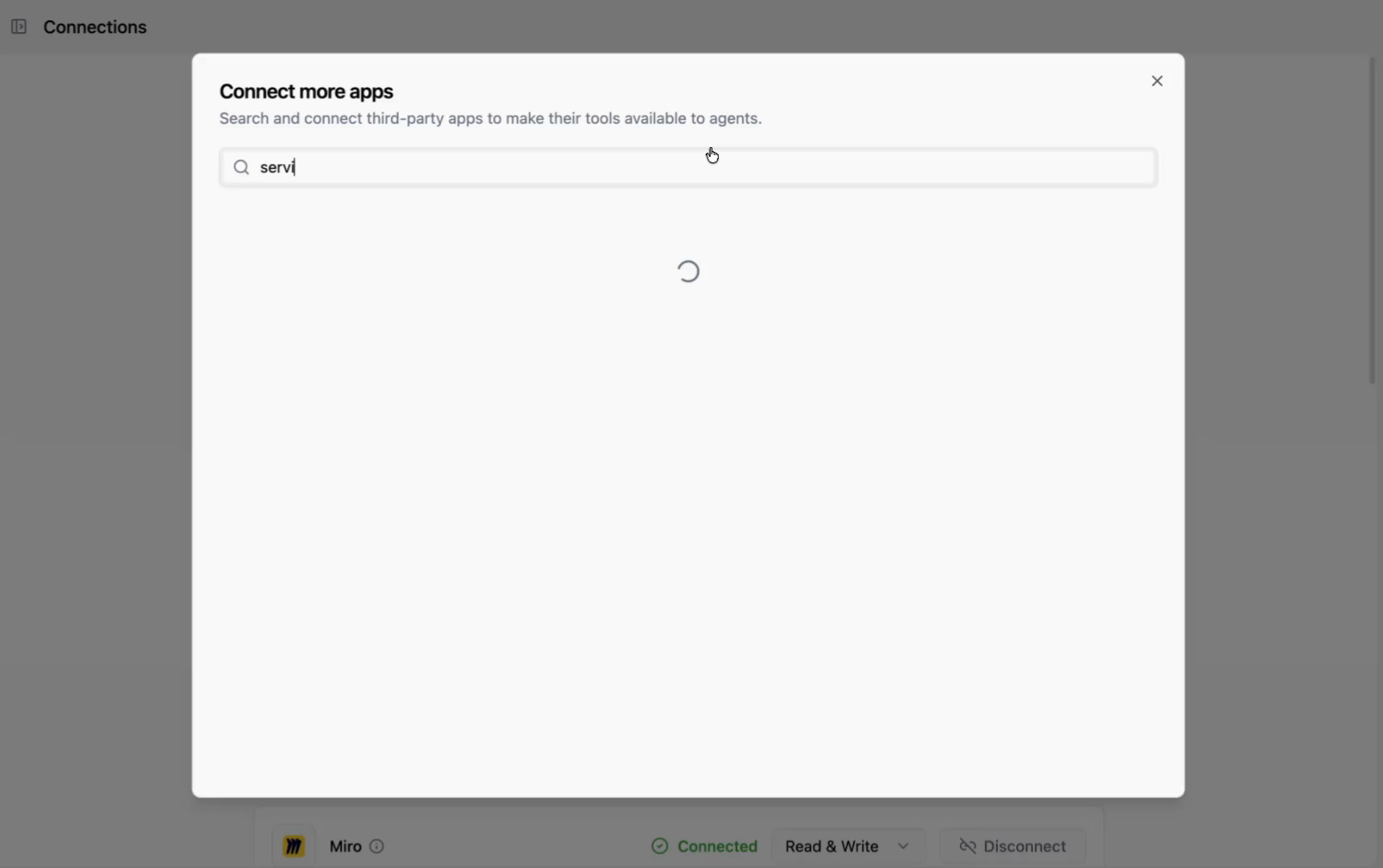 Zenflow Connect more apps modal with ServiceNow search — user types servi to find the ServiceNow integration
