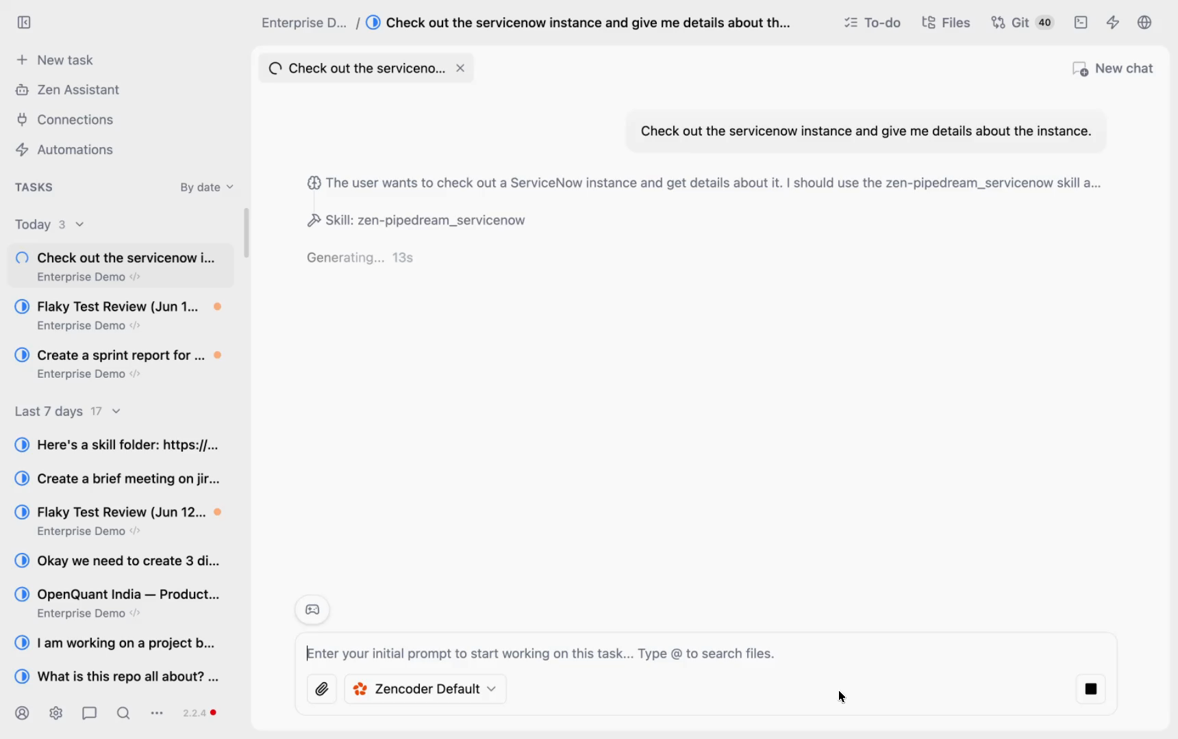 Zenflow task running a ServiceNow instance query — agent uses Pipedream ServiceNow integration to list tables and retrieve instance metadata
