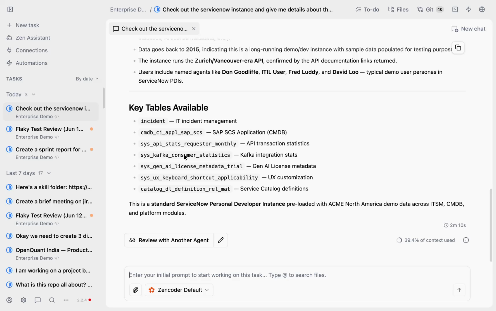 Zenflow ServiceNow query results — agent delivers comprehensive instance summary including company name, key tables, API version, user list, and data history