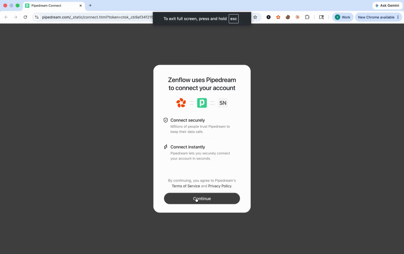 Pipedream OAuth popup for ServiceNow integration — showing Client ID and Client Secret fields with Zencoder and Pipedream logos