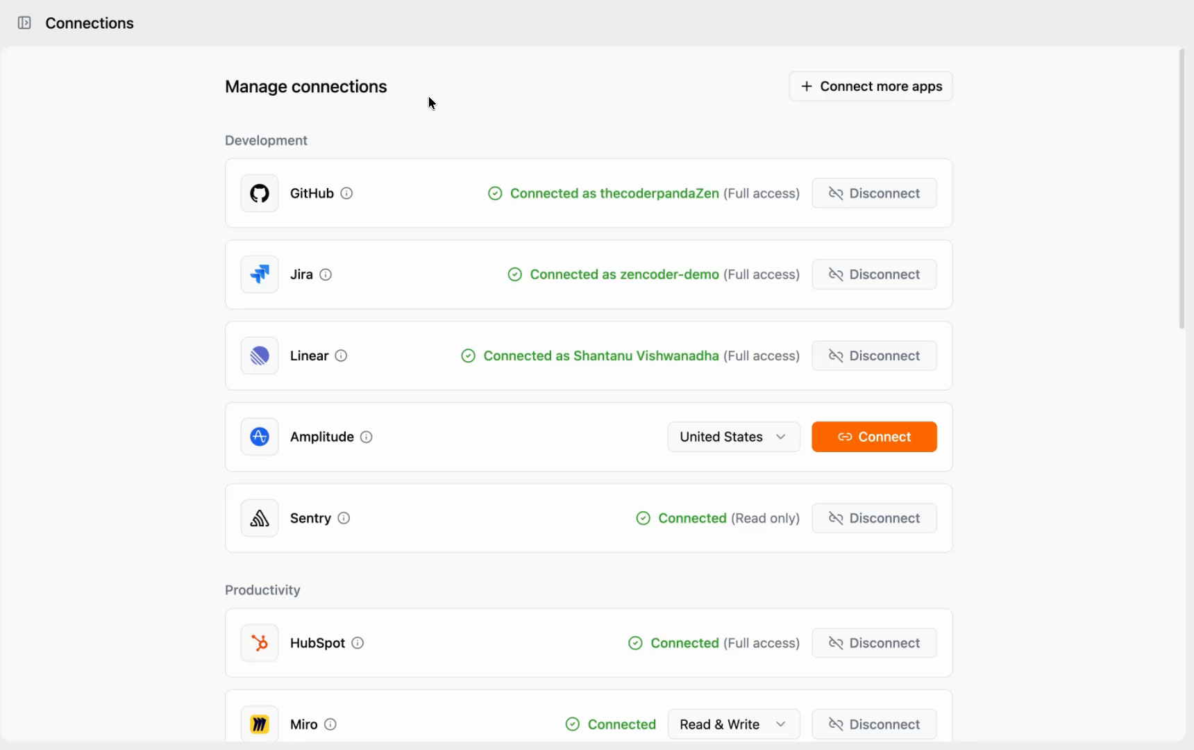 Zenflow Connections panel showing all connected enterprise tools including GitHub, Jira, Linear, Sentry, HubSpot, Miro, Cisco Webex, Slack, and Stripe