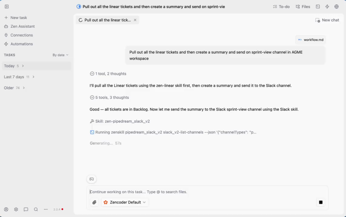 Zenflow agent sending Linear summary to Slack sprint-view channel