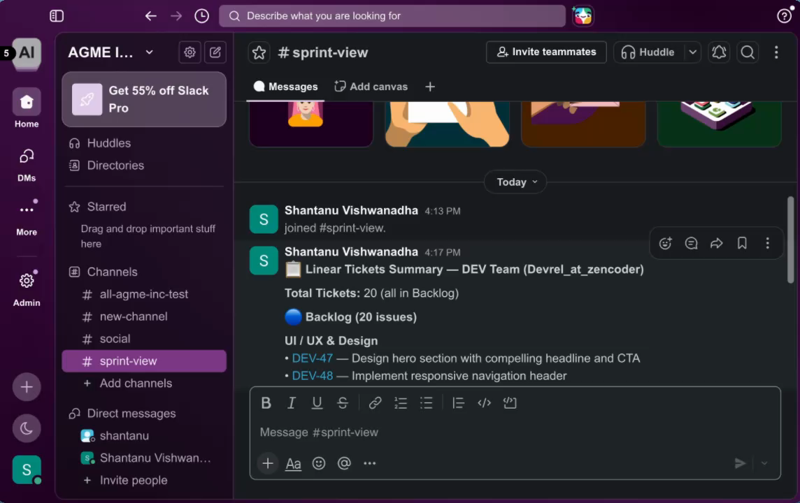 Structured Linear ticket summary delivered by Zenflow to the Slack sprint-view channel