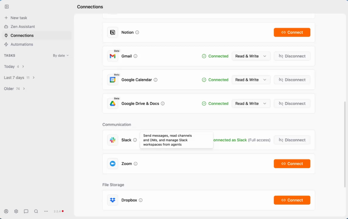 Zenflow Connections panel showing Slack connected with full access