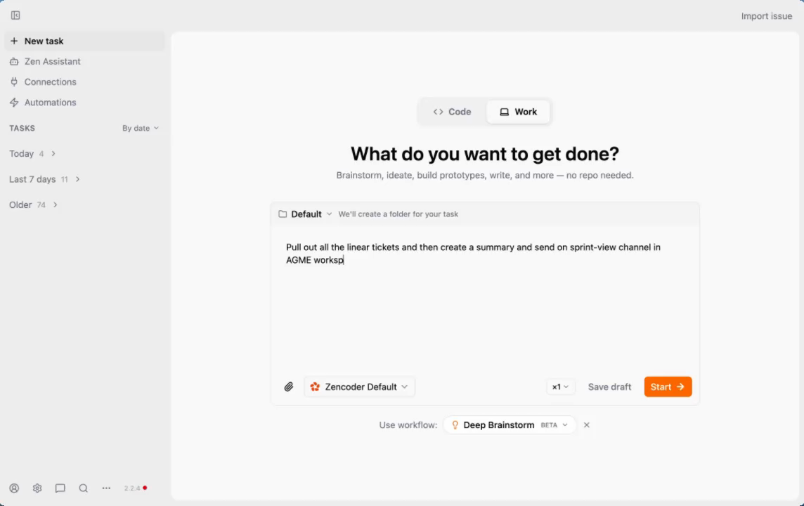 Zenflow Work mode task prompt: pull Linear tickets and post summary to Slack sprint-view channel