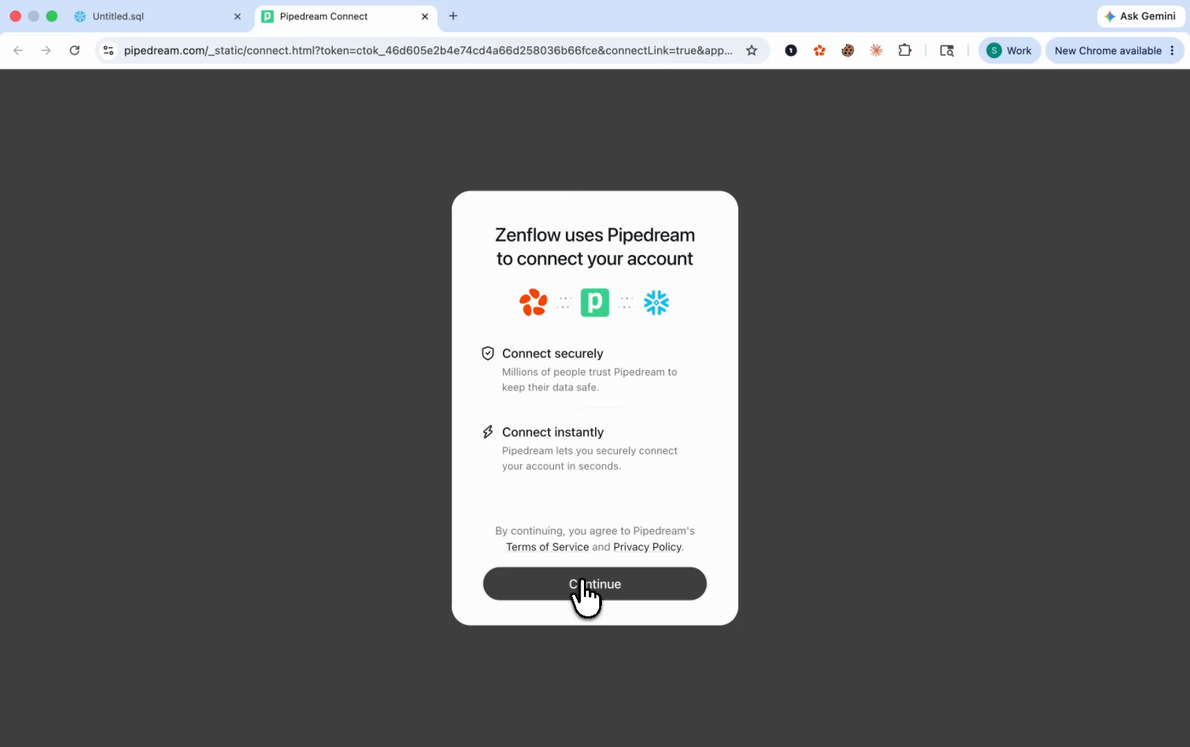 Pipedream OAuth popup: Zenflow uses Pipedream to connect your Snowflake account — Connect securely, Connect instantly