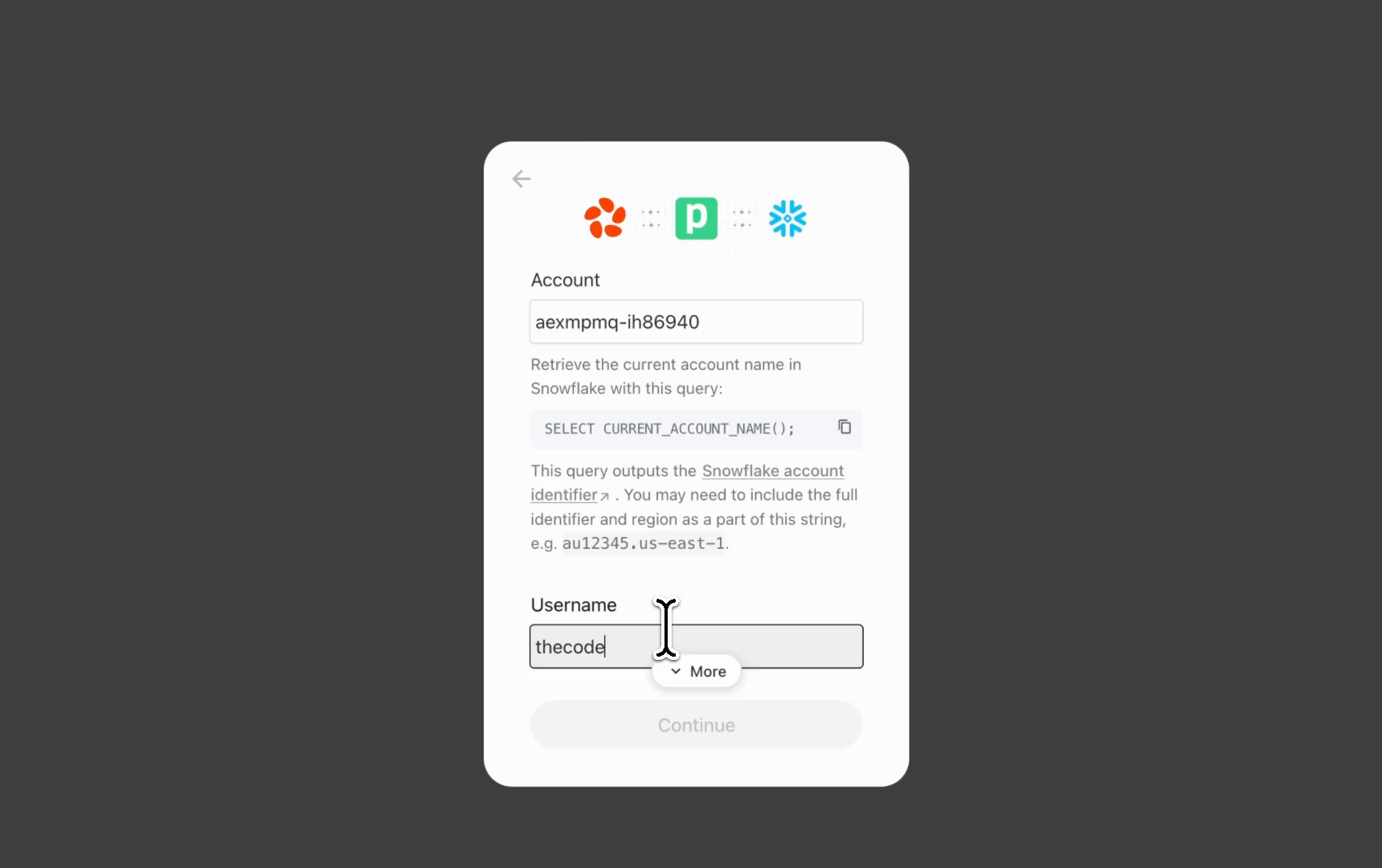 Pipedream Snowflake credential form showing Account field with aexmpmq-ih86940, Username field, and the SELECT CURRENT_ACCOUNT_NAME() helper query