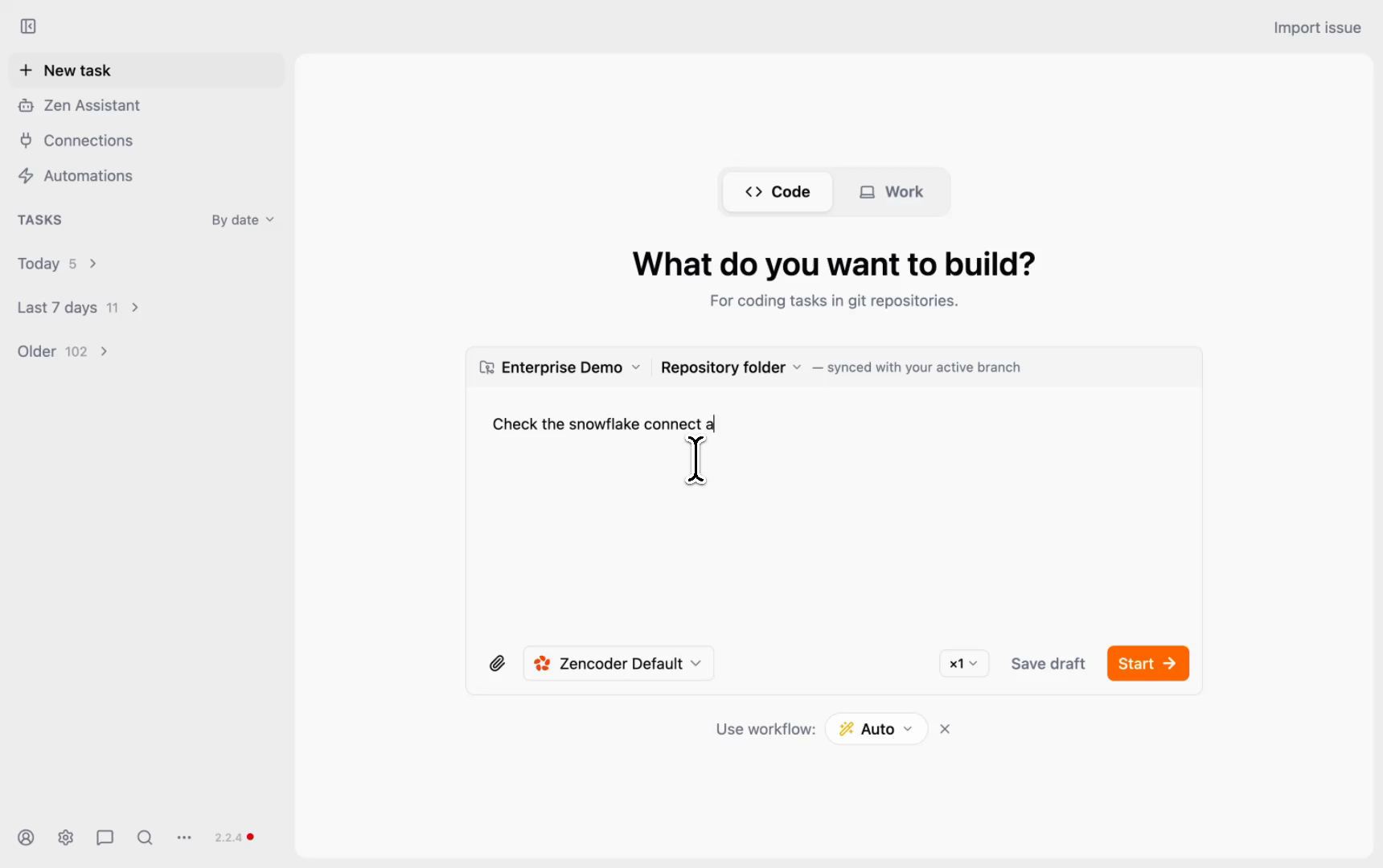 Zenflow main screen in Code mode with Enterprise Demo project selected and natural language prompt: Check the snowflake connect a