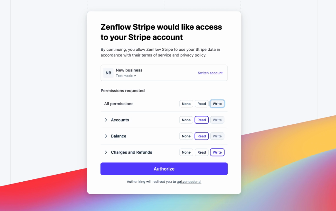 Stripe OAuth authorization page for Zenflow — showing permissions for Accounts, Balance, and Charges