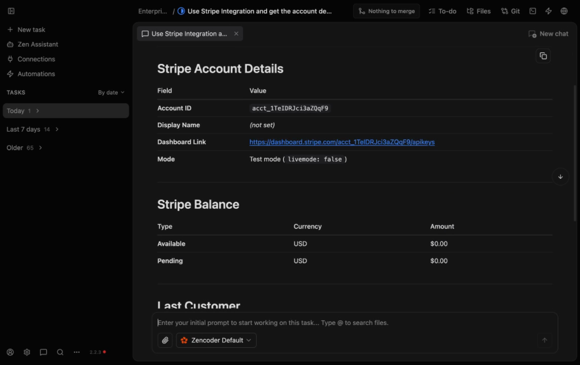 Zenflow showing live Stripe account details, balance, and last customer data