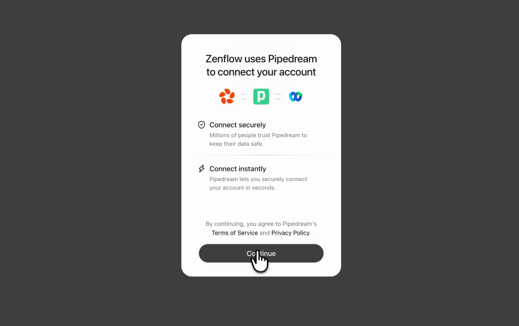 Pipedream OAuth popup for Cisco Webex — showing Zenflow, Pipedream, and Webex logos with a Connect securely button