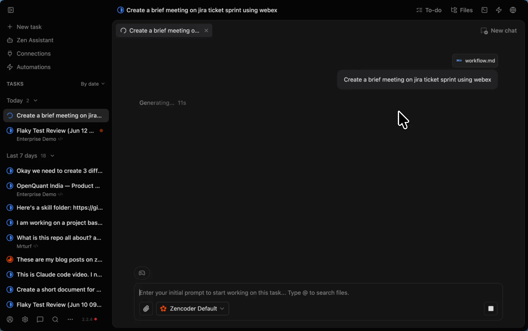 Zenflow agent task running — title shows Create a brief meeting on jira ticket sprint using webex