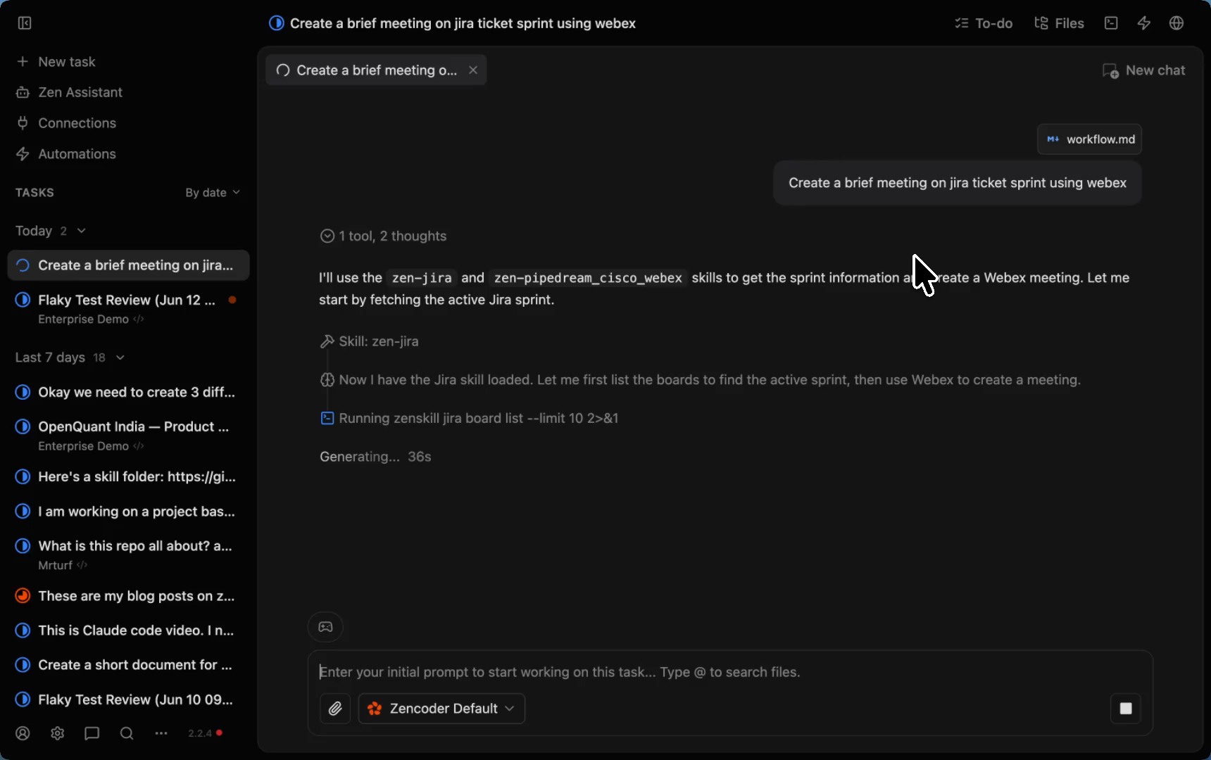 Zenflow agent reasoning step — using Jira connector to fetch active sprint and board list