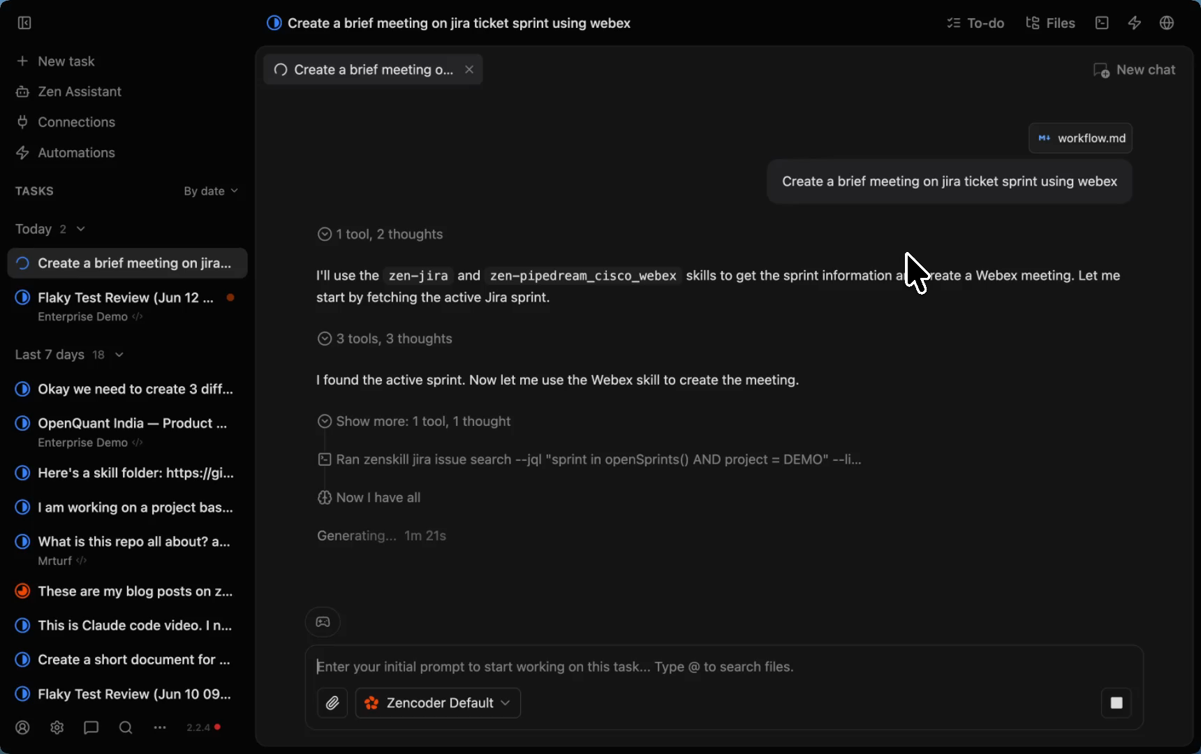 Zenflow agent confirms active Jira sprint found and initiates Webex room creation