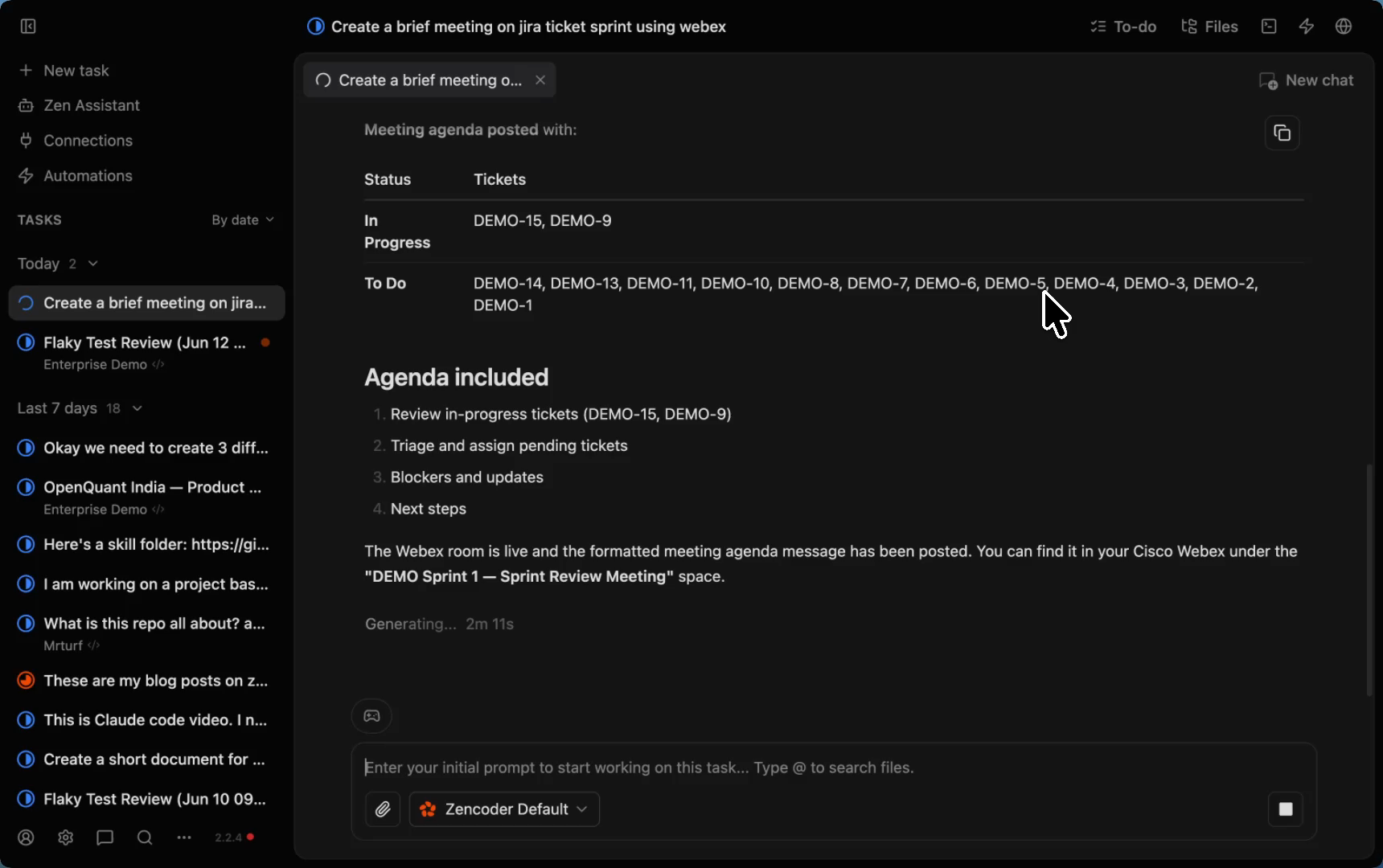 Zenflow sprint meeting agenda posted in Cisco Webex — status table with DEMO sprint tickets and four-point agenda