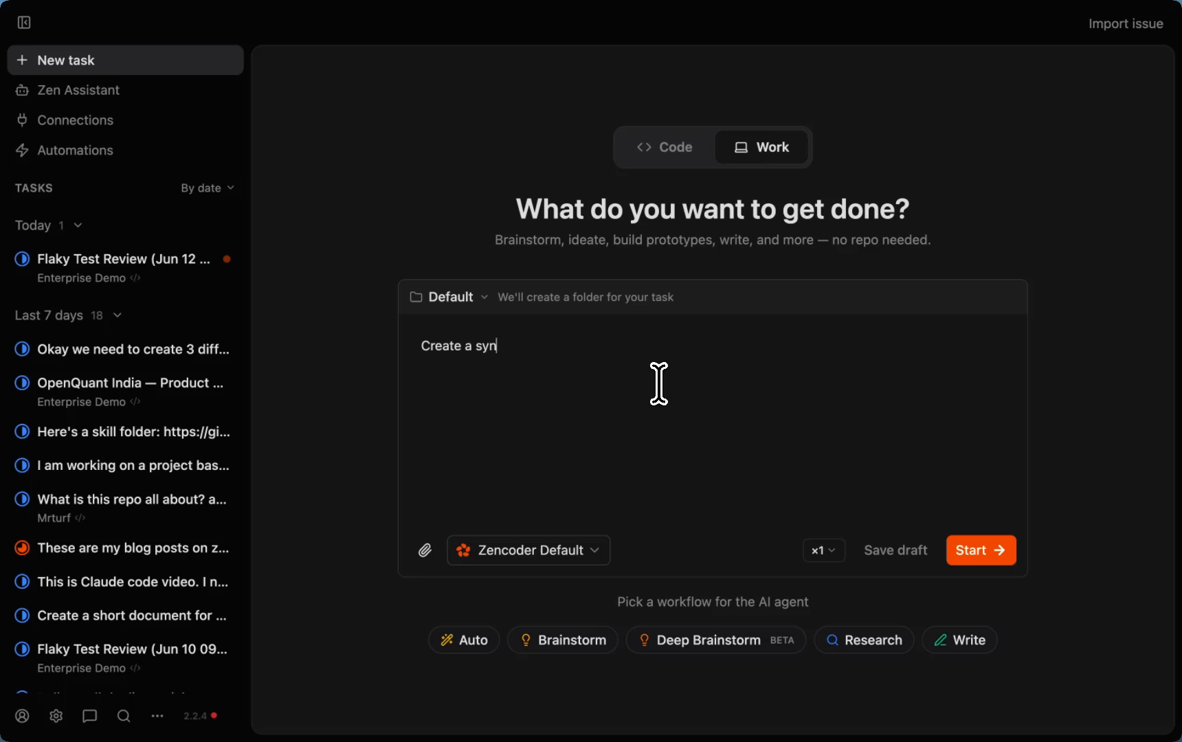 Zenflow Work mode interface showing user typing the Webex sprint meeting prompt