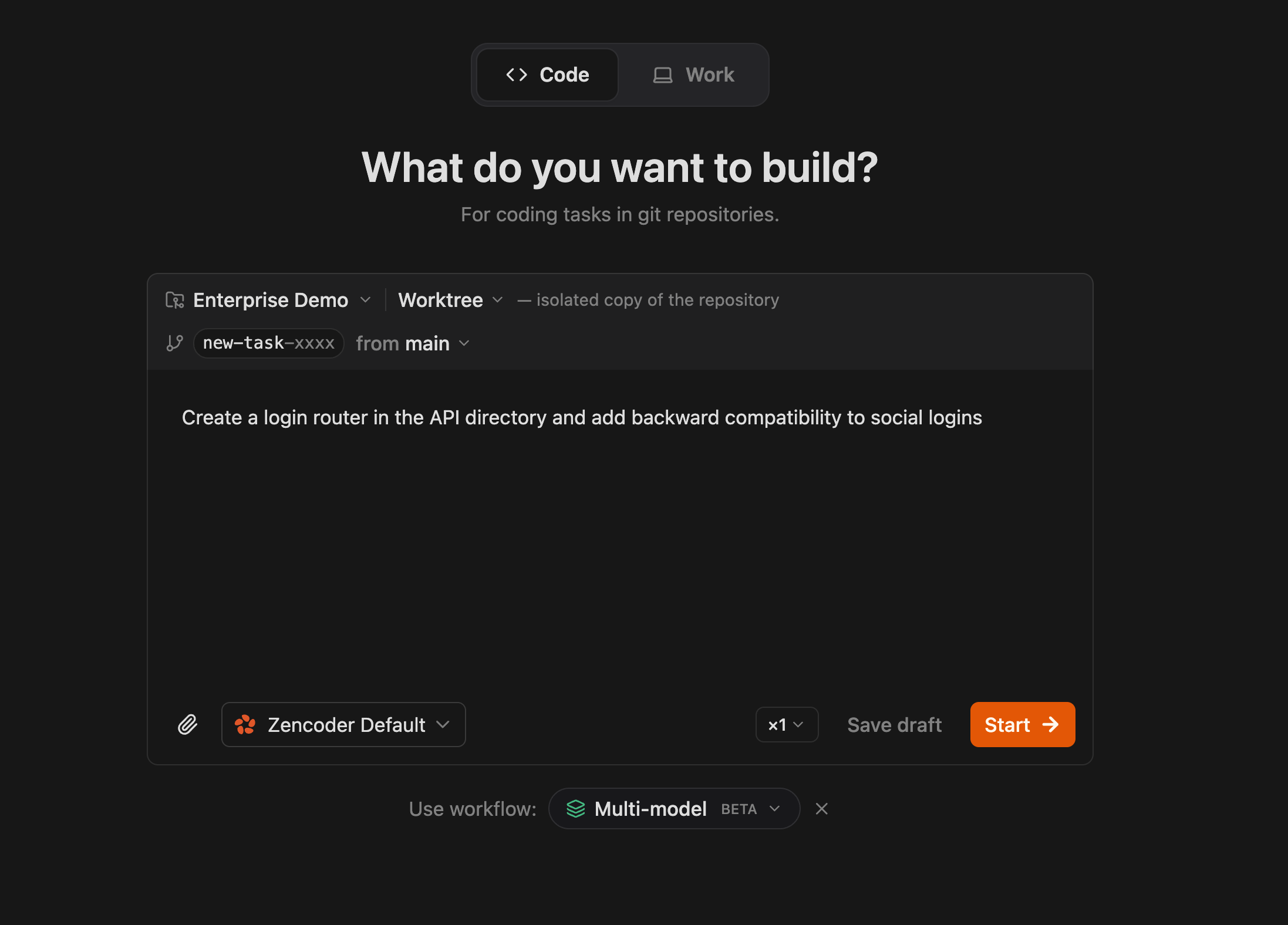Zenflow task creation screen with the Multi-model workflow selected