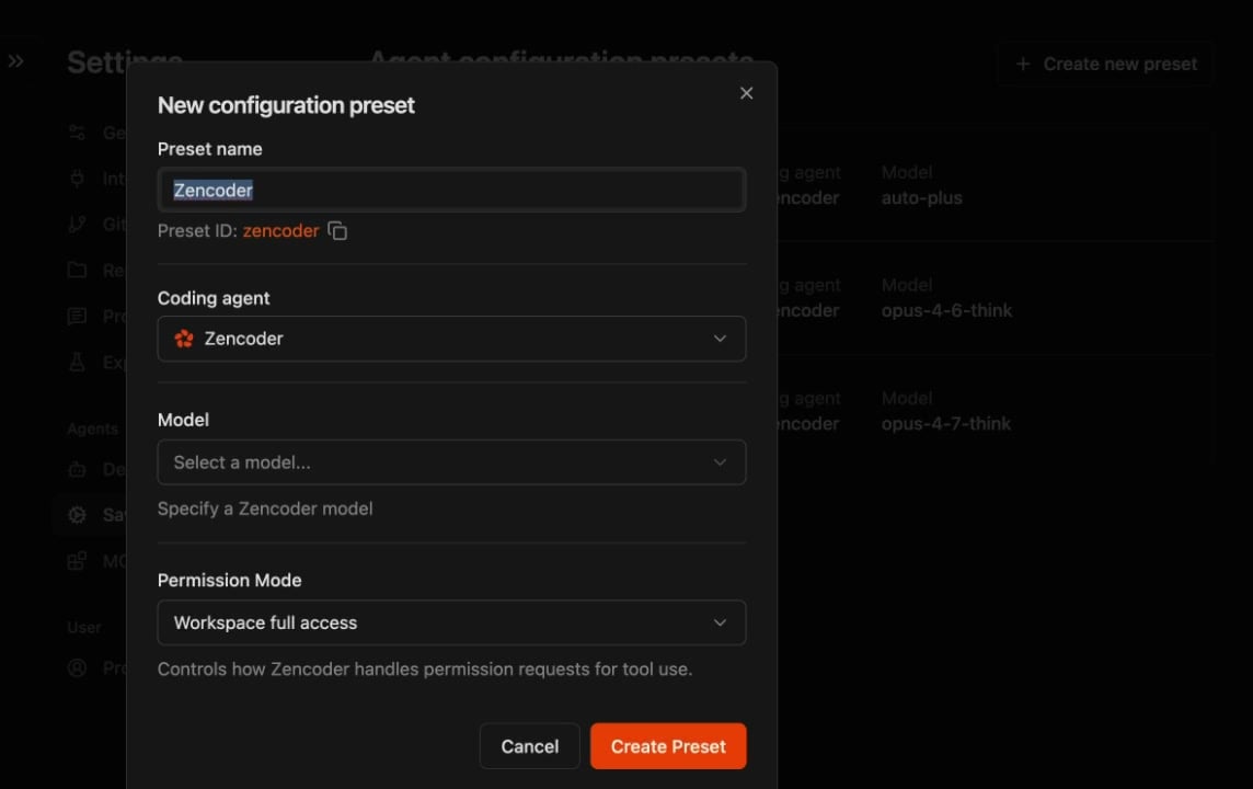 Zenflow saved presets dialog showing preset name, model, and permission mode fields